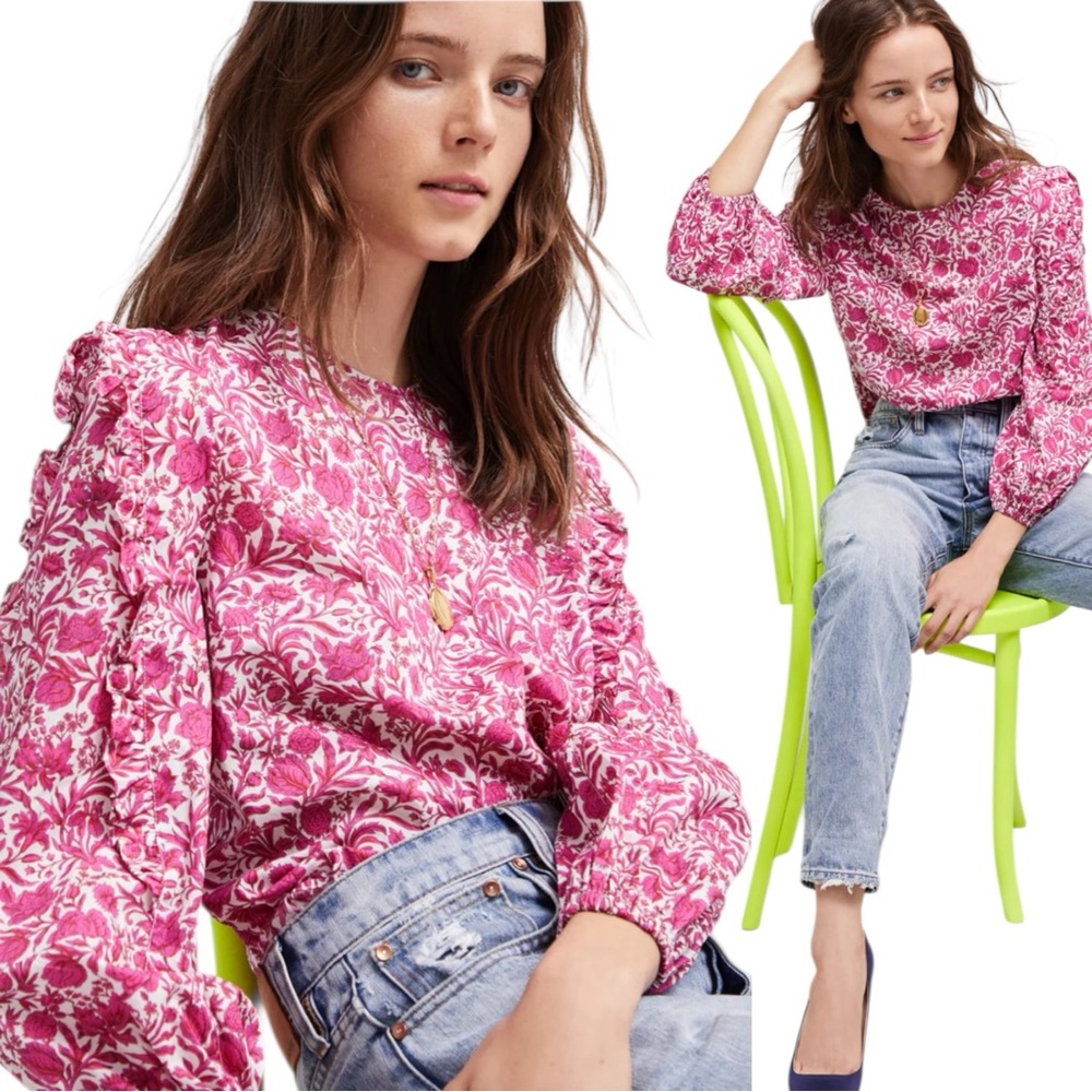 J Crew Liberty Sambourne floral ruffle sleeve top in azalea white
